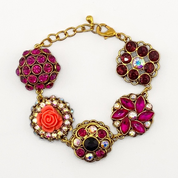 Rhinestone Floral Gold Tone Bracelet - Picture 1 of 9